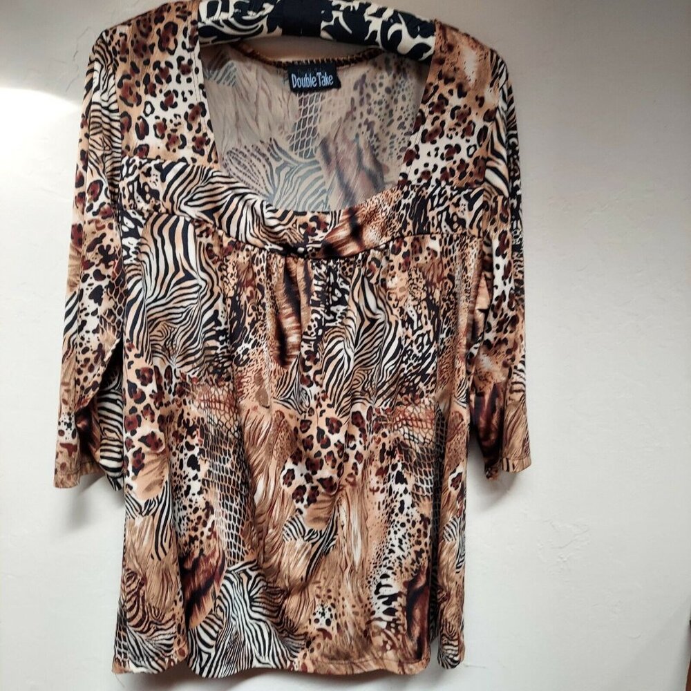 Double Take Women's Animal Print Square Neck 3/45 Sleeve Top Blouse Brown USA